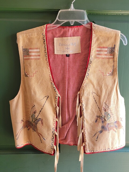 Patricia Wolf Jackets & Blazers - Vintage Native Motif Genuine Suede Vest in Tan with Red Gingham Lining Sz M